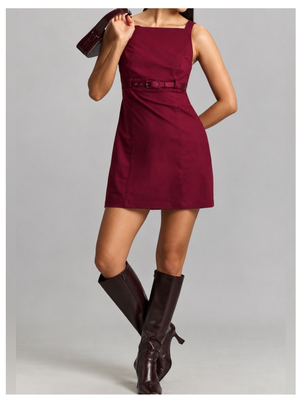 NWT MAEVE by ANTHROPOLOGIE Sleeveless Boat Neck Mini Dress w/Belt in Wine